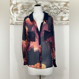 Robert Rogriguez floral sheer dark blue chiffon blouse size Large